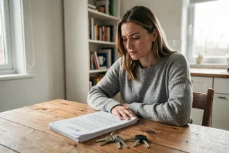 Femme réfléchissant à la revente d'un bien immobilier acheté avec un PTZ lors d'une séparation, documents officiels et clés de maison sur la table
