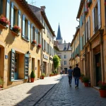 Rue pavée animée de Brive-la-Gaillarde en journée avec des commerces locaux et des habitants qui se promènent