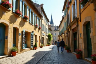 Rue pavée animée de Brive-la-Gaillarde en journée avec des commerces locaux et des habitants qui se promènent