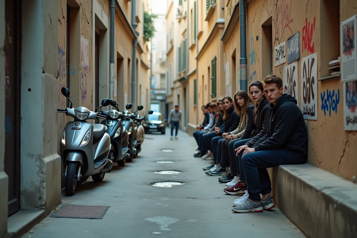 Ruelle résidentielle étroite dans un quartier populaire d'Alès avec des tags, des scooters garés et des jeunes adultes sur un muret