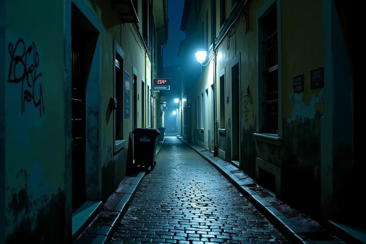 Ruelle sombre et déserte la nuit dans un quartier de Brive-la-Gaillarde avec une atmosphère peu rassurante