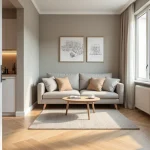 Séjour d'un appartement T2 avec cuisine ouverte et parquet en bois clair, illustrant la surface typique d'un deux-pièces