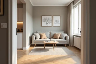 Séjour d'un appartement T2 avec cuisine ouverte et parquet en bois clair, illustrant la surface typique d'un deux-pièces
