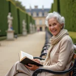 Femme senior lisant dans un parc de Versailles