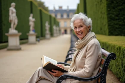 Femme senior lisant dans un parc de Versailles