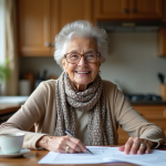 Femme âgée souriante examine documents fiscaux dans sa cuisine