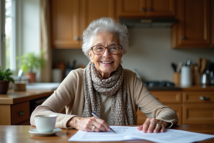 Femme âgée souriante examine documents fiscaux dans sa cuisine