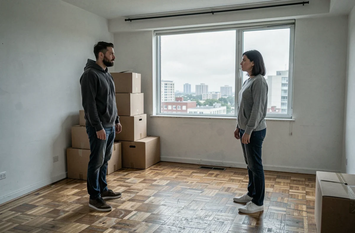 Couple en cours de séparation dans un appartement vidé avec cartons de déménagement, illustrant la problématique de la revente d'un logement PTZ