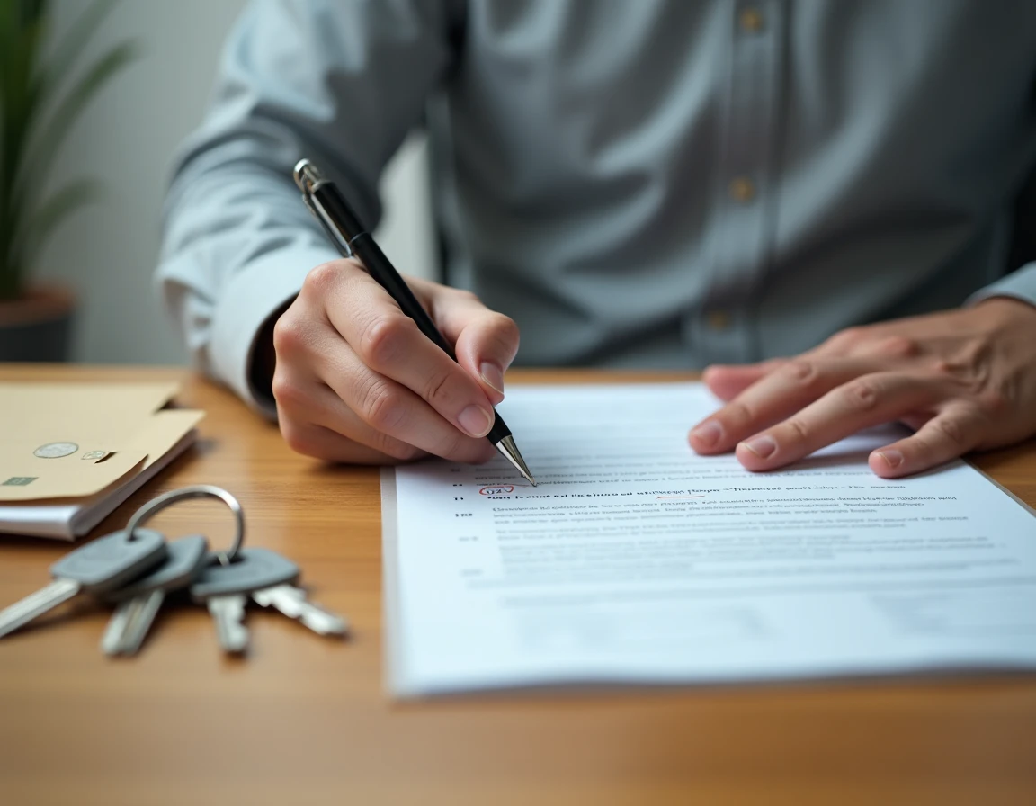 Signature d'une attestation de remise de clés PDF sur un bureau d'agence immobilière professionnelle