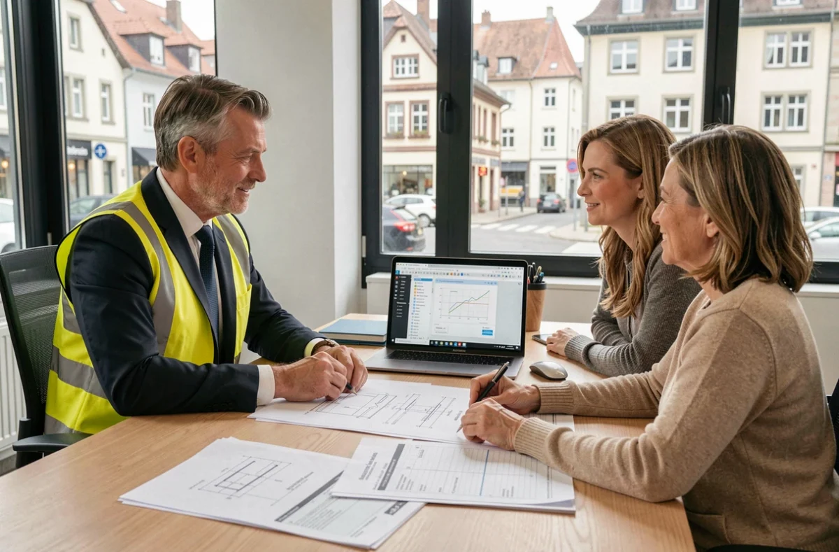 Consultant en assistance à maîtrise d'ouvrage chez Strateco à Saint-Louis discutant d'un projet de rénovation avec des propriétaires