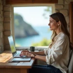 Femme en télétravail dans une maison normande en bord de mer avec vue sur les falaises