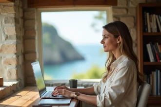 Femme en télétravail dans une maison normande en bord de mer avec vue sur les falaises