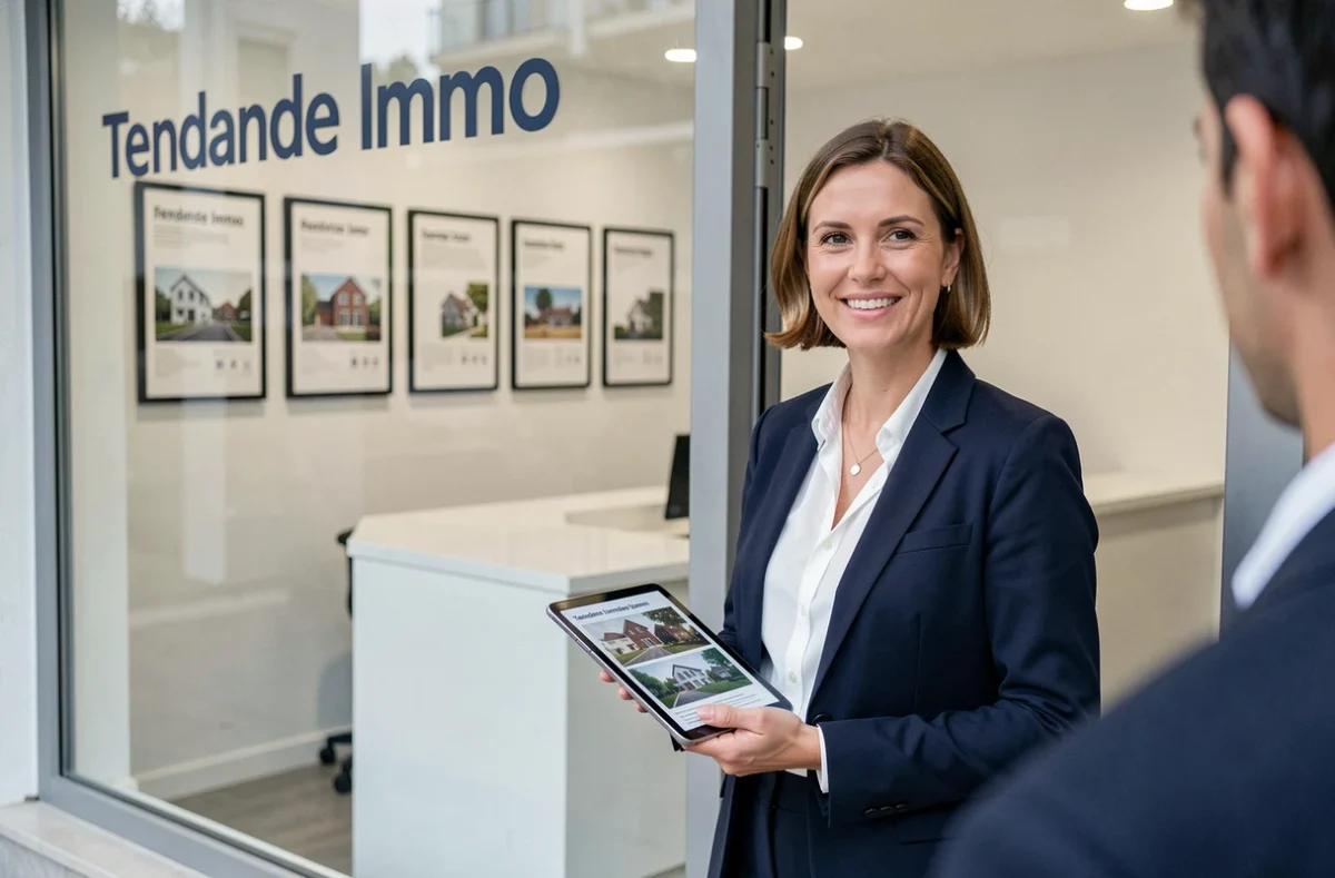Agente immobilière souriante devant la vitrine de l'agence Tendance Immo dans l'Orne, tenant une tablette avec des annonces de biens