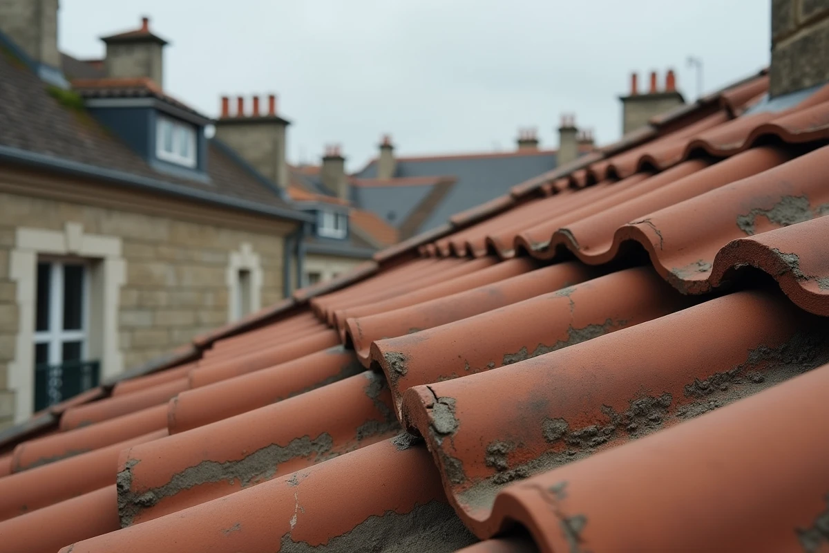 Toiture commune en tuiles d'argile entre deux maisons mitoyennes montrant des fissures et une jonction partagée