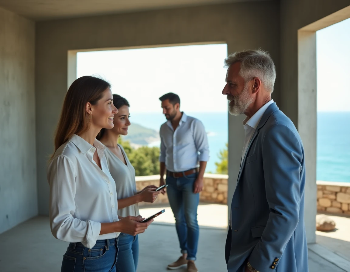 Agent immobilier faisant visiter un appartement vue mer à un jeune couple intéressé par un achat