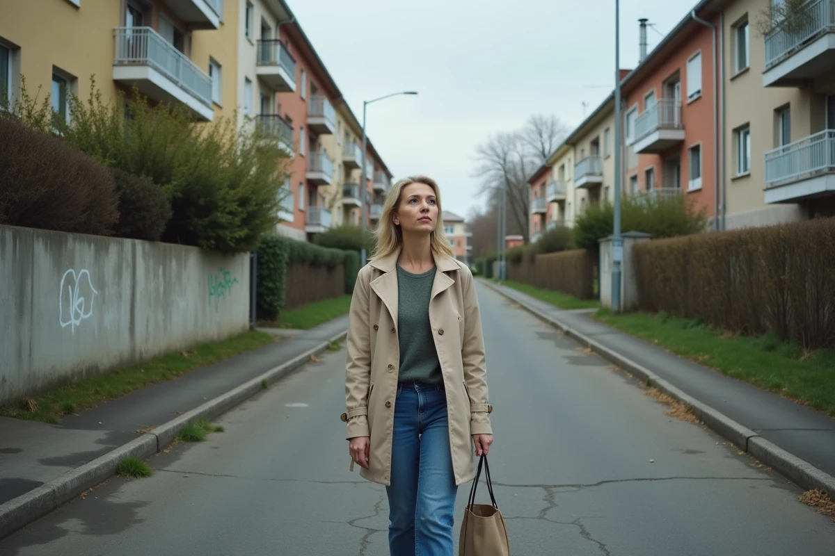 Femme visitant seule un quartier résidentiel de Champs-sur-Marne pour évaluer l'environnement avant achat