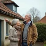 Deux voisins copropriétaires examinant une toiture commune en mauvais état sur une maison mitoyenne française