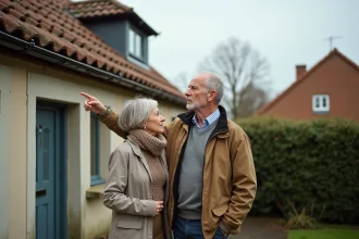 Deux voisins copropriétaires examinant une toiture commune en mauvais état sur une maison mitoyenne française